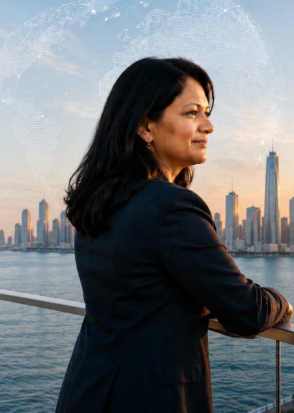 Anima Verma looking out over a coastal city skyline at sunrise.
